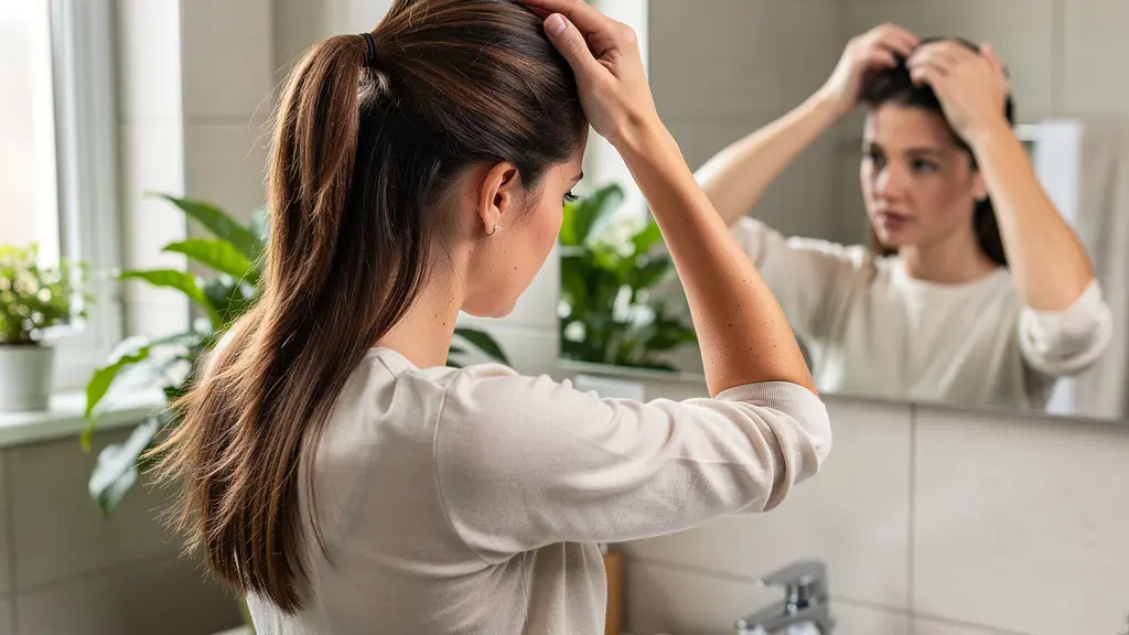 Femme passant la main dans ses cheveux devant un miroir, routine beauté capillaire