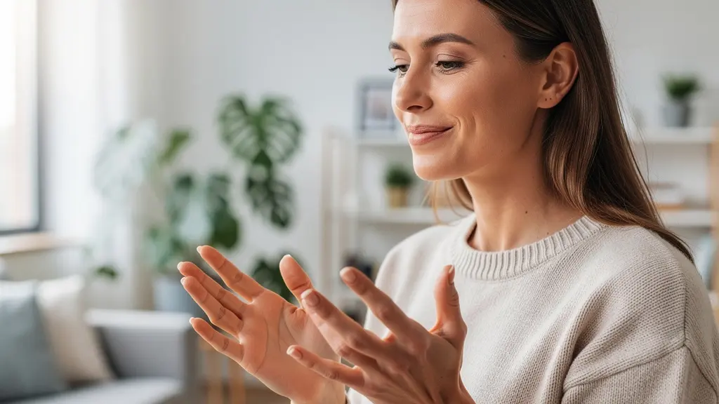 Femme observant ses ongles naturels avec expression satisfaite, routine soin des mains