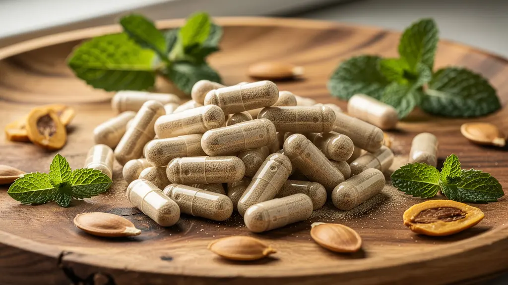 Gélules de complément alimentaire biotine sur surface en bois avec éléments végétaux